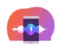 Vector flat voice recognition illustration with smartphone screen, dynamic microphone icon on it, sound waves, stand isolated.